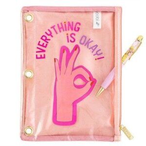 Yoobi "Everything Is Okay!" Pink Binder Zip Case With Grommets & Zipper For Scho